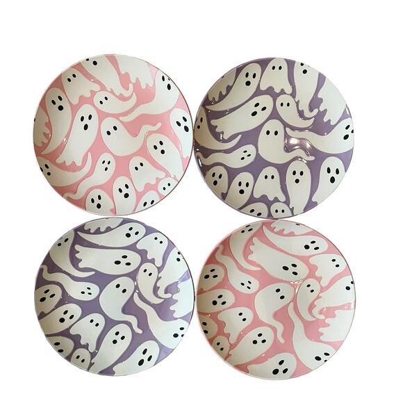Halloween GHOST Appetizer Plates 7.5in Set of 4 Ceramic Pink & Purple NEW - Picture 2 of 10